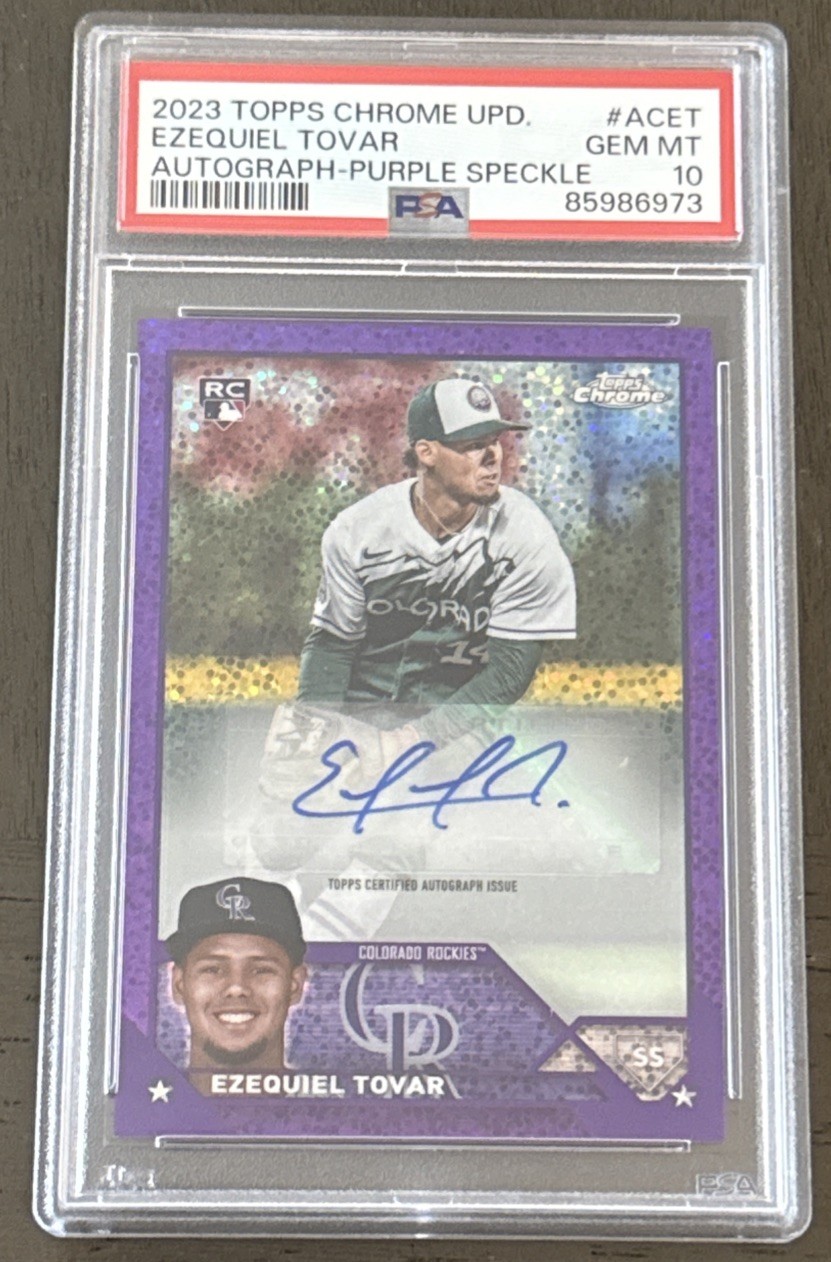 2023 Topps Chrome Update Ezequiel Tovar Purple Speckle Auto /299 PSA 10 GEM MT