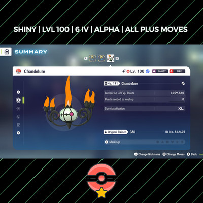 Chandelure | Shiny | LVL100 | 6IV | Alpha | All Plus Moves | Pokemon Legends Z-A