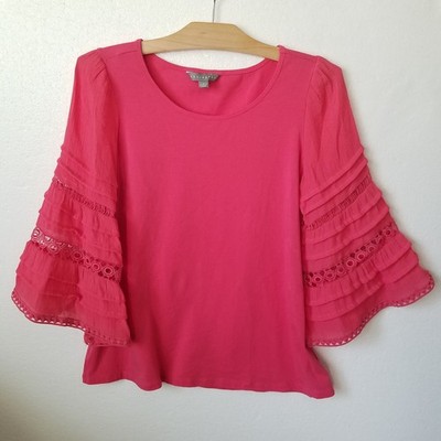 Sharagano Womens S Top Flared Bell Sleeve Crochet Lace Coral Pink