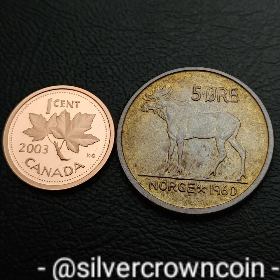 Norway 🇳🇴 5 Ore 1960. KM#405. Bronze Five Cents coin. Moose. Olav V. Animals. - Image 3 of 4