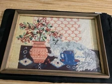 Vtg. framed wood needlepoint cat w/potted plant/etc....