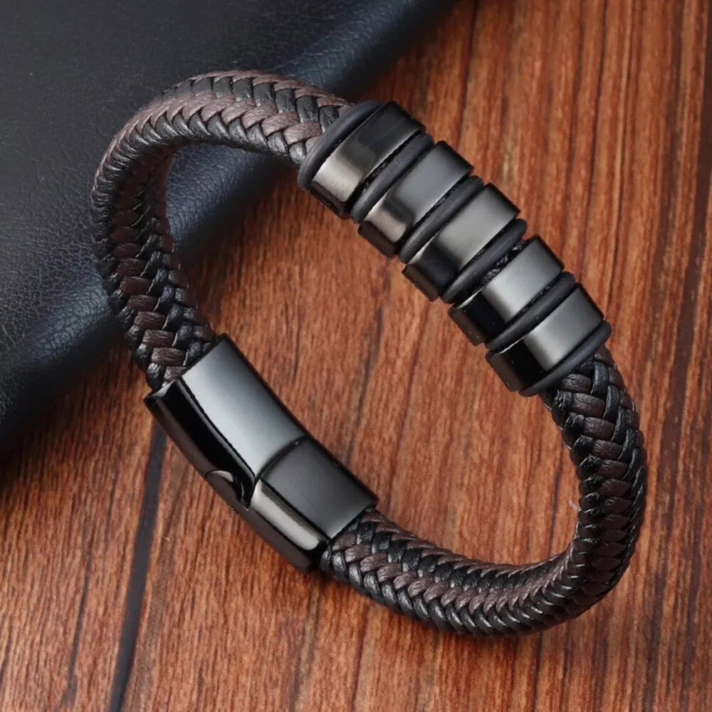 Men's Fashion Leather Wrap Braided Bracelet Bangle Titanium Steel