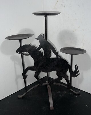 Cowboy Bronco Horse 3 Candle Holder 13.75  Tall Metal Rustic Cutout Western