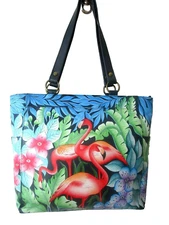 Anuschka Flamingo Fever Hand Painted Leather Shoulder Tote Purse - NWT