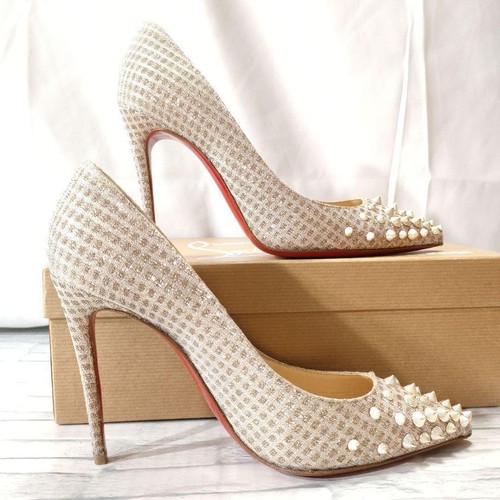 Christian Louboutin Spiky Shell 100 Bombas Oro Blanco Tachuelas Talla 6 EE. UU. Excelente - Imagen 8 de 19
