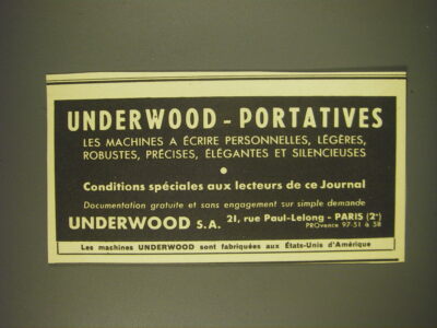 1939 Underwood Typewriters Ad - in French - Underwood - Portatives les machines