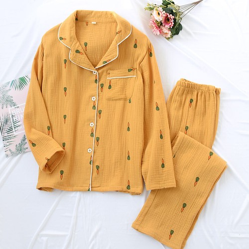 Chinese Japanese Autumn Women 100% Gauze Cotton Pajamas Set Sleepwear Nightwear - Picture 15 of 16