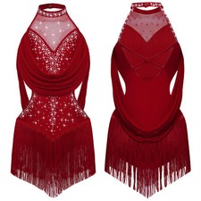Girls Dance Dress Tassel Figure Ice Skating Bodysuit Latin Jazz Skirted Leotard
