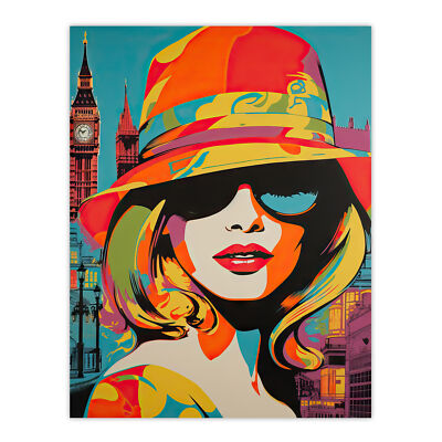 1960s London Chic Retro Neon Woman Portrait With Big Ben Wall Art Poster Print