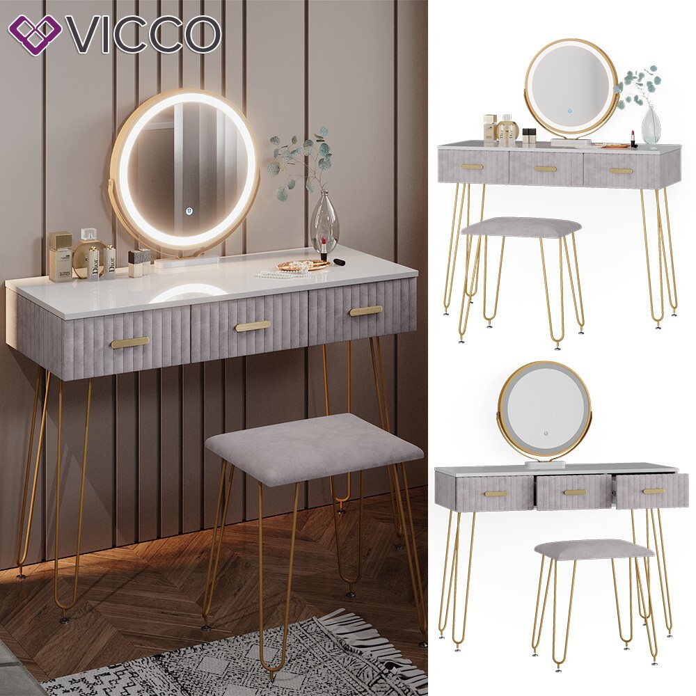 Coiffeuse Vicco Grace Avec Miroir LED Et Tabouret – Blanc – NEUVE
