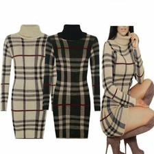  Womens Ladies Polo Neck Tartan Knitted Midi Long Sleeve Bodycon Jumper Dress