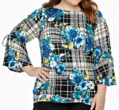 NWT Alyx Blouse Top Women's 3X Floral & Plaid Print Bell Lattice Sleeves