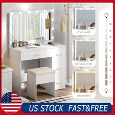 Vanity Makeup Dressing Table Desk+Stool, 4 Drawer 12 LED Lighted Mirror, Outlet