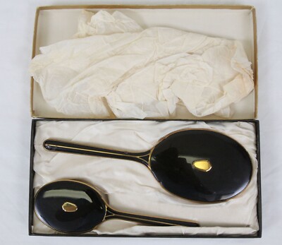 Vintage Elgin American Art Deco Black Vanity Set Hand Held Mirror and Brush Box