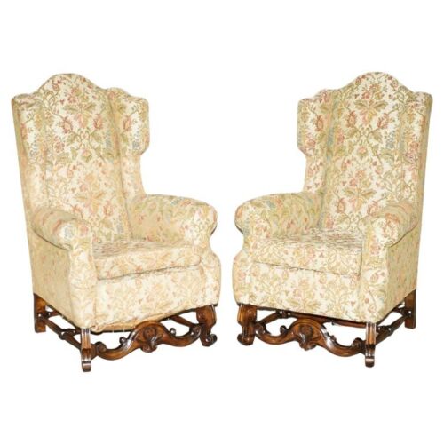 PAIR OF ANTIQUE ITALIAN CAROLEAN HIGH BACK WINGBACK ARMCHAIRS FOR UPHOLSTERY - Picture 1 of 24