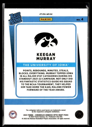 2022-23 Donruss Optic Holo Rated Rookie Keegan Murray Sacramento Kings #4 - Picture 2 of 2