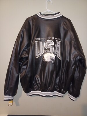 STEVE & BARRYS BOMBER BLACK WOOL & LEATHER JACKET- EAGLE USA FLAG EMBRODERED XXL