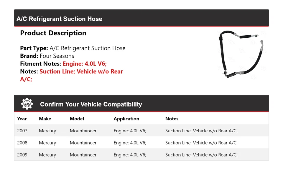Manguera de succión de refrigerante aire acondicionado V6 4 estaciones Mercury Mountaineer 2007-2009 4,0 L Foto 2 de 4