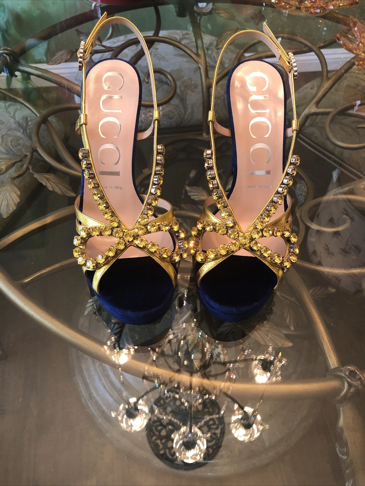 Talons nœud 100% authentiques GUCCI velours noir cristal doré + taxe taille : 37,5