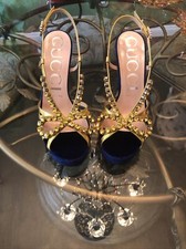 100% Authentic GUCCI Blue Velvet Gold Crystal...