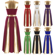 Women Praise Dance Dress Worship Costume Metallic Gold Color Block Church Robe