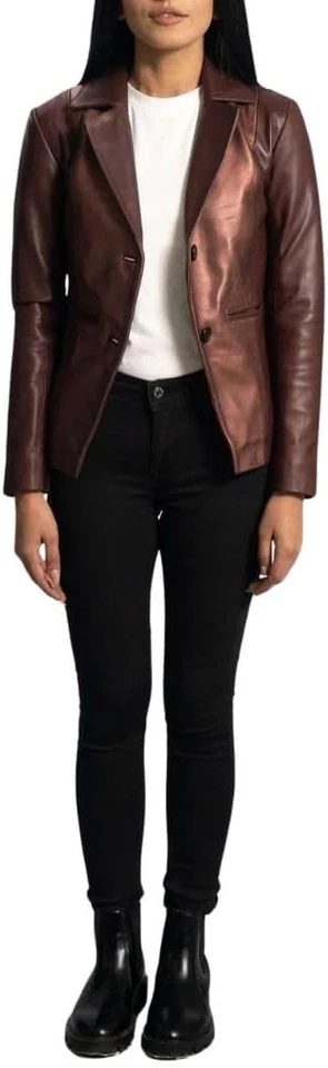 Classic Fitted Ruby Metallic Maroon Leather Blazer, Real Sheepskin Aniline Coat - Image 2 of 4