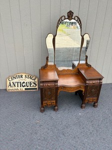 67896 Art Deco Vanity with Mirror, Intricate Carvings, Walnut Finish