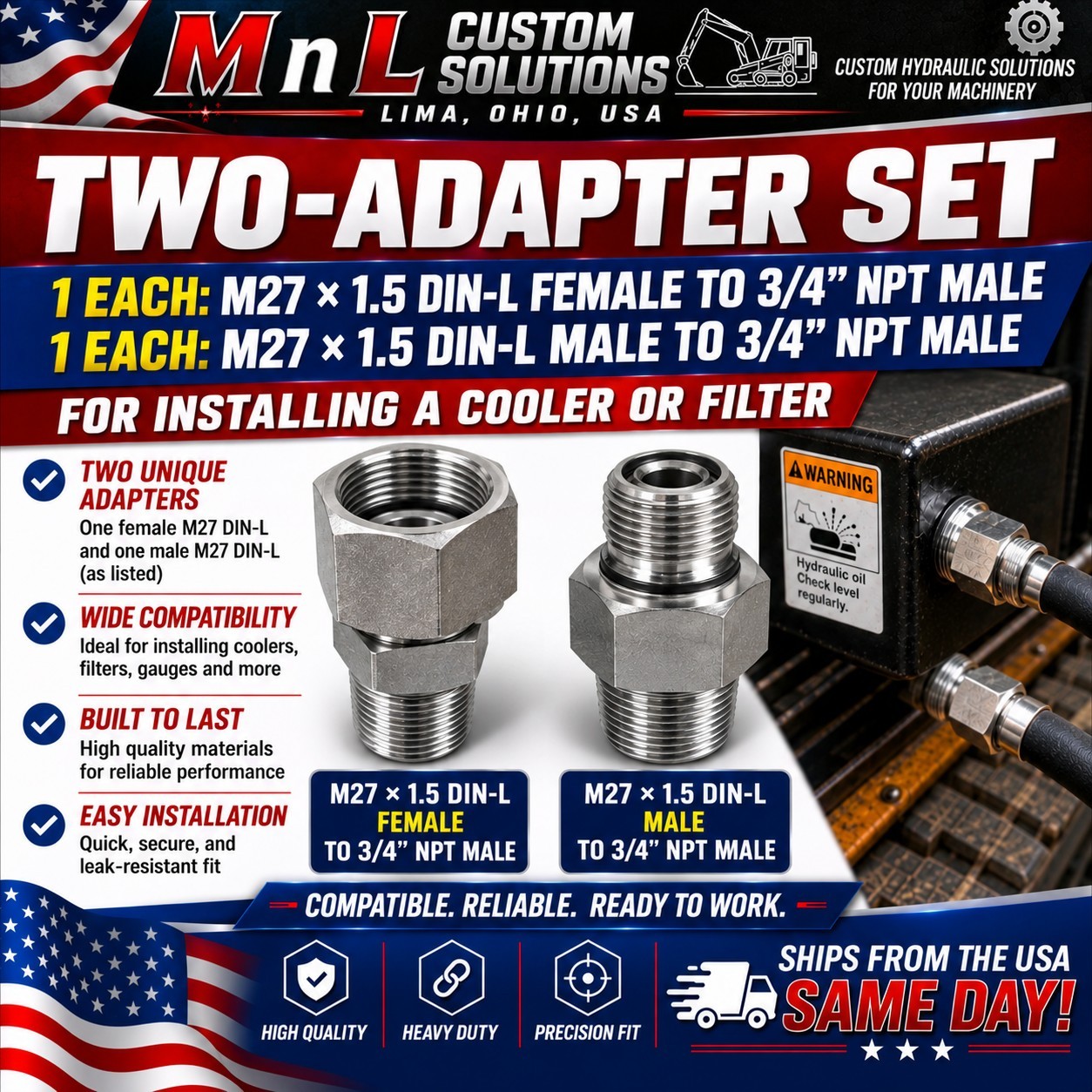 1-m27 x 1.5 DIN L male to 3/4" NPT Male. 1-m27 X 1.5 Din Female To 3/4 NPT Male