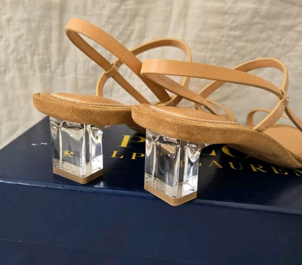 Sandalias POLO Ralph Lauren Cuero Transparente Tacón Bloque Natural Vachetta Talla 8 NUEVAS Foto 3 de 4