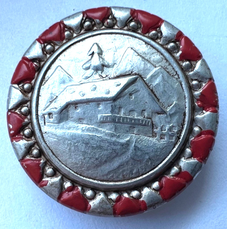 Vintage Hand painted white metal button ~"Swiss Chalet in Alps"~ 7/8" ~EA5