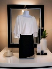 Calvin Klein Dress 20W Black & White Elegant Cape Overlay Minimalist Formal NWT 