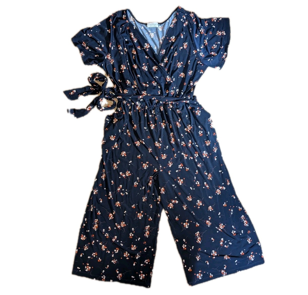 Jumpsuit Womens 3X Stretchy 1pc Navy Floral Wide Leg Belt Travel Relaxed Pockets-image