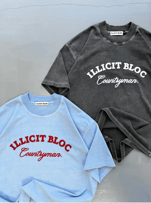 Illicit Bloc Iron Brand T-Shirt Powder Blue/Washed Black 620GSM 100% Baumwolle