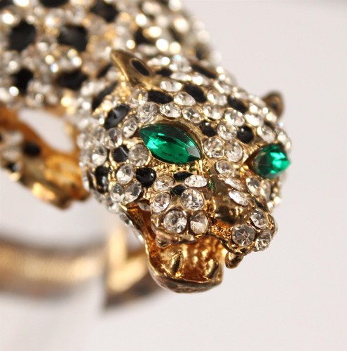 Vintage Retro Figural LEOPARD Black Enamel & Rhinestone Clamper Bracelet, NR - Picture 5 of 8