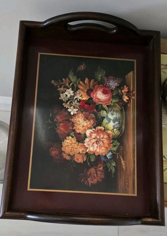 Vtg Pimpernel Serving Tray w/wood Handles felt Bottom Victorian Florals England