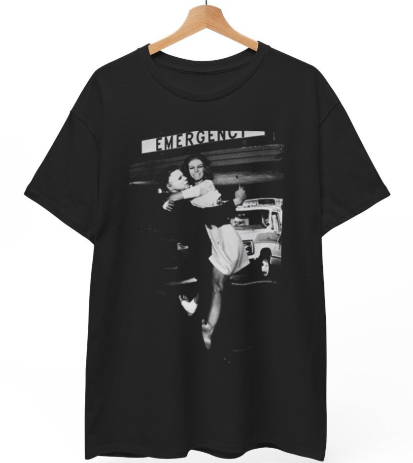 Michael Myers Kissing Jamie Lee Curtis on the Set Horror Movie T-Shirt , Unisex