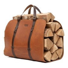 Porta legna da ardere in pelle marrone cognac con porta legna da camino