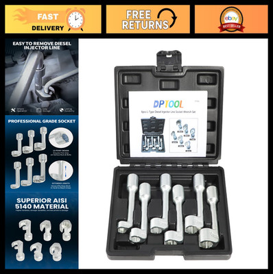 6pc Diesel Injector Line Socket Wrench Set - L-Type Fuel Line Removal Tool 12-19