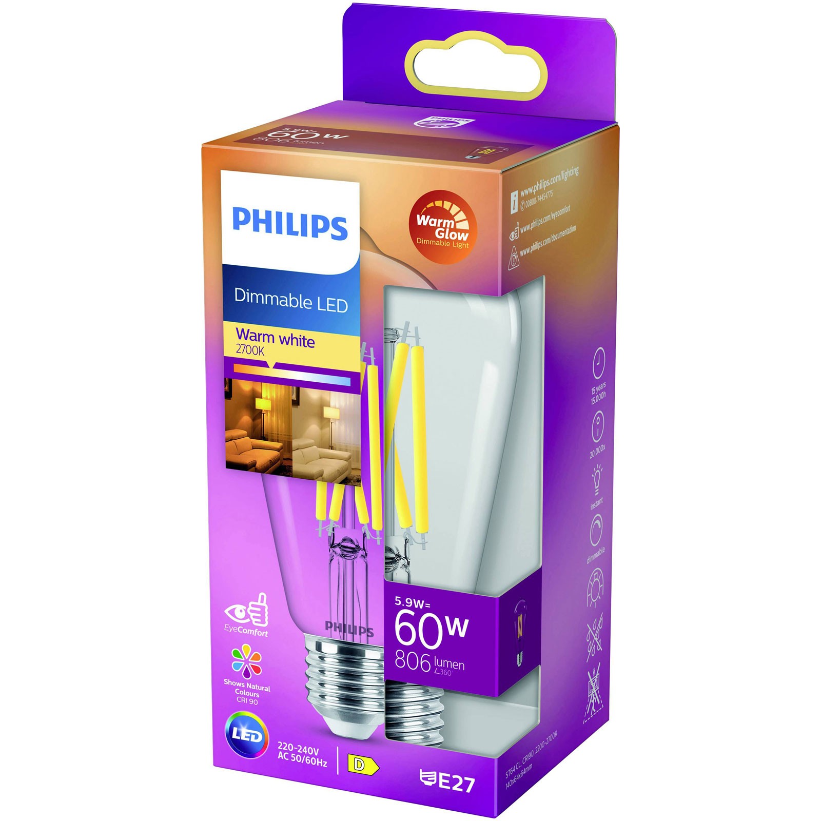 Philips LED E-27 Warm White 6W 64x140mm Energy Saving