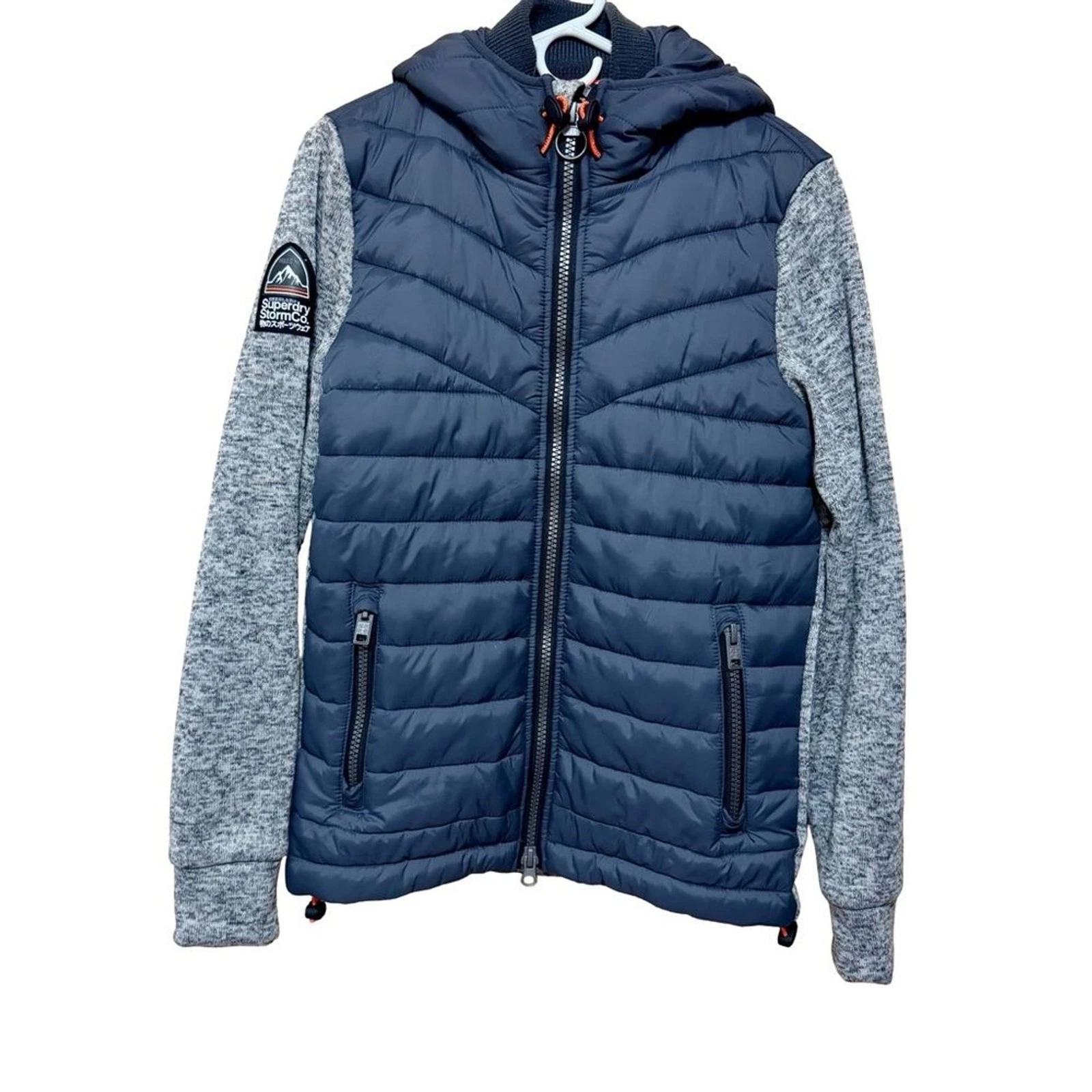 Superdry Storm Hybrid Hooded Jacket Mens M Gray Quilted Fleece Zip Coat