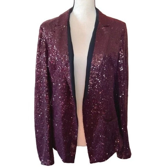 Blazer Chaqueta de Fiesta Lentejuelas Borgoña Frente Abierto Brillante Ocasión XL Foto 2 de 4