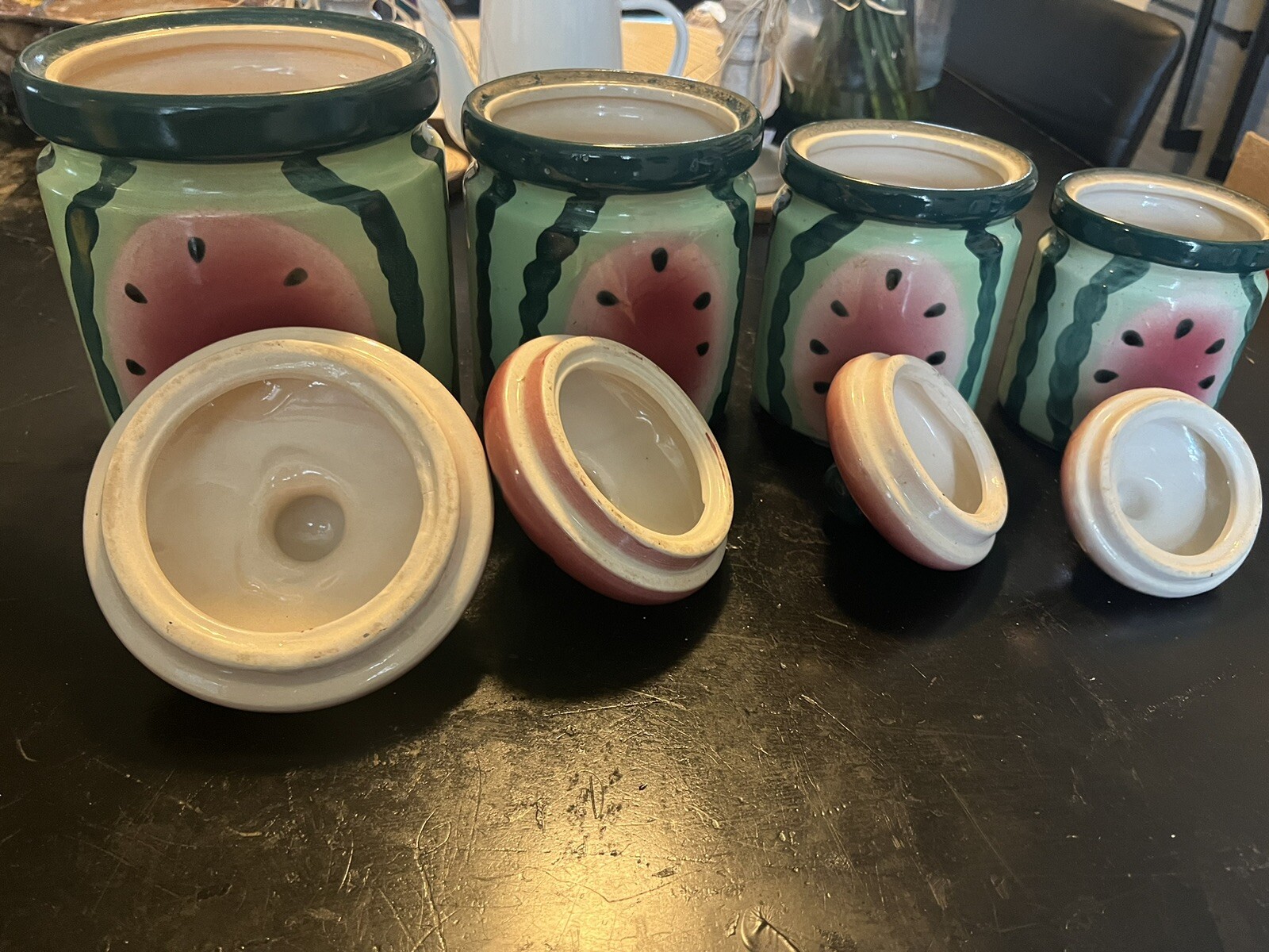 Vintage Ceramic Watermelon Canisters Set of 4 HTF Sugar Flour Coffee