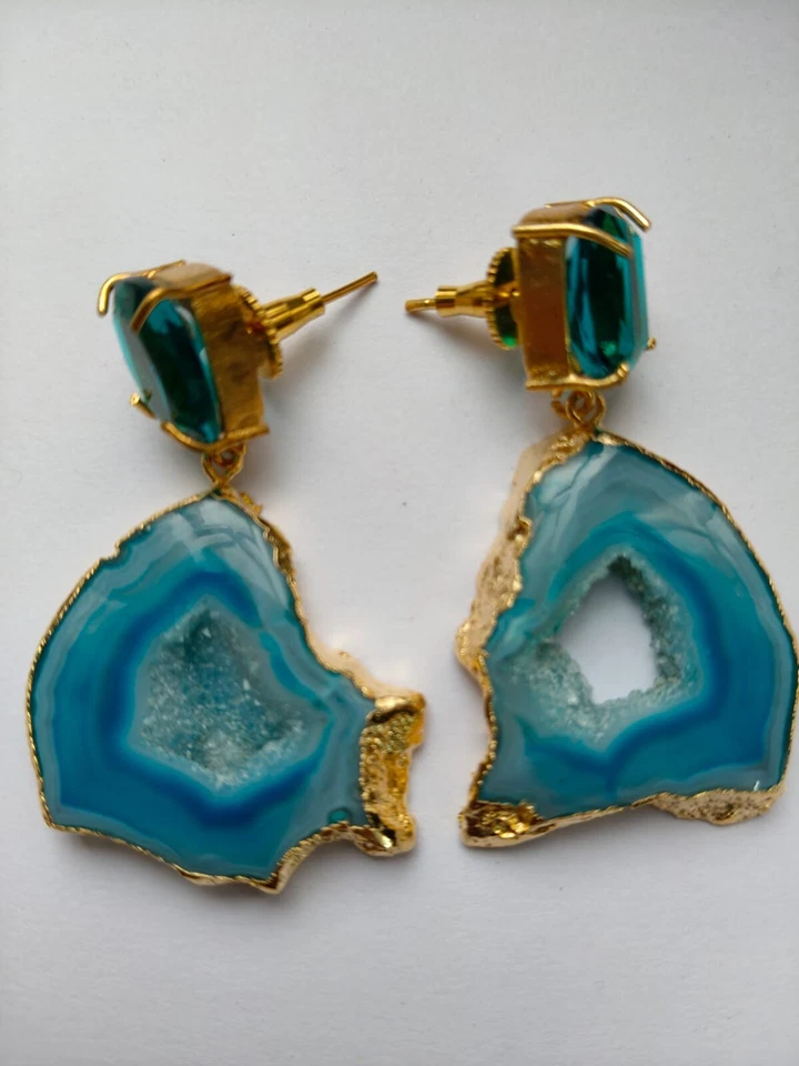 Druzy Slice Earring, Hydro Blue Quartz Earring, Geode Fashion Jewelry, Gold Edge - Image 2 of 4