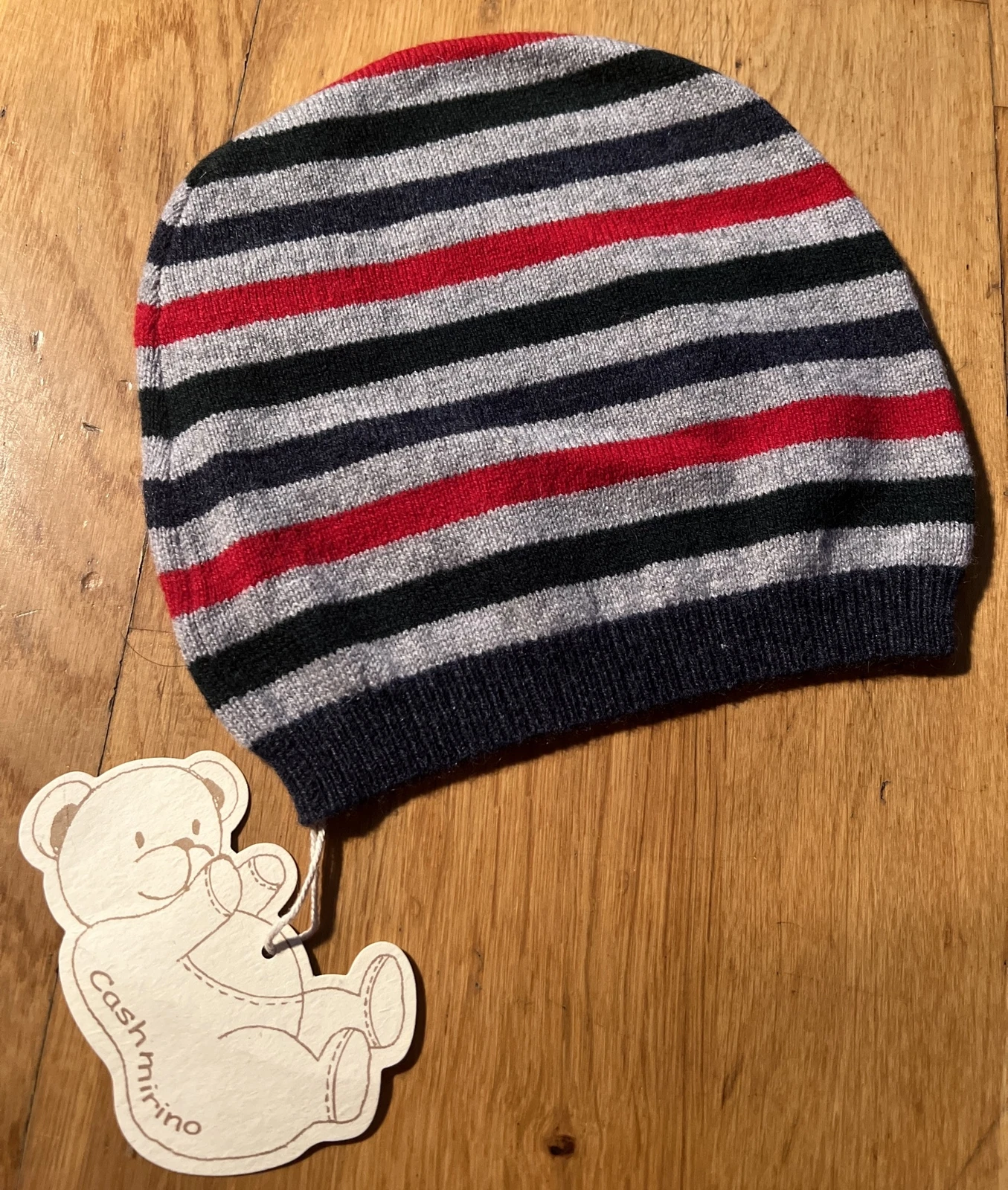 New! Cashmirino - 100% Cashmere Baby Hat - 12 Months Green, Red & Grey RRP£49