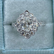 2.25Ctw Oval Cut Moissanite Halo Art Deco Engagement Ring 14K White Gold Plated