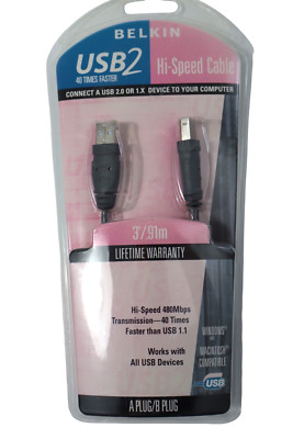 Belkin USB2 Hi-Speed Cable 480 Mbps F3U133-03, A/B Plug, MAC, PC