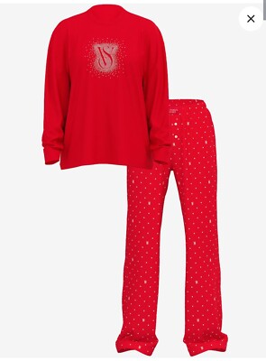 Victoria's Secret Flannel Long Sleeve Tee Jama Set Red Logo Bling Med Reg NWT