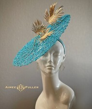 Aimee Fuller Gold Palm Royal Ascot Kentucky Derby Hat Turquoise Blue Fascinator