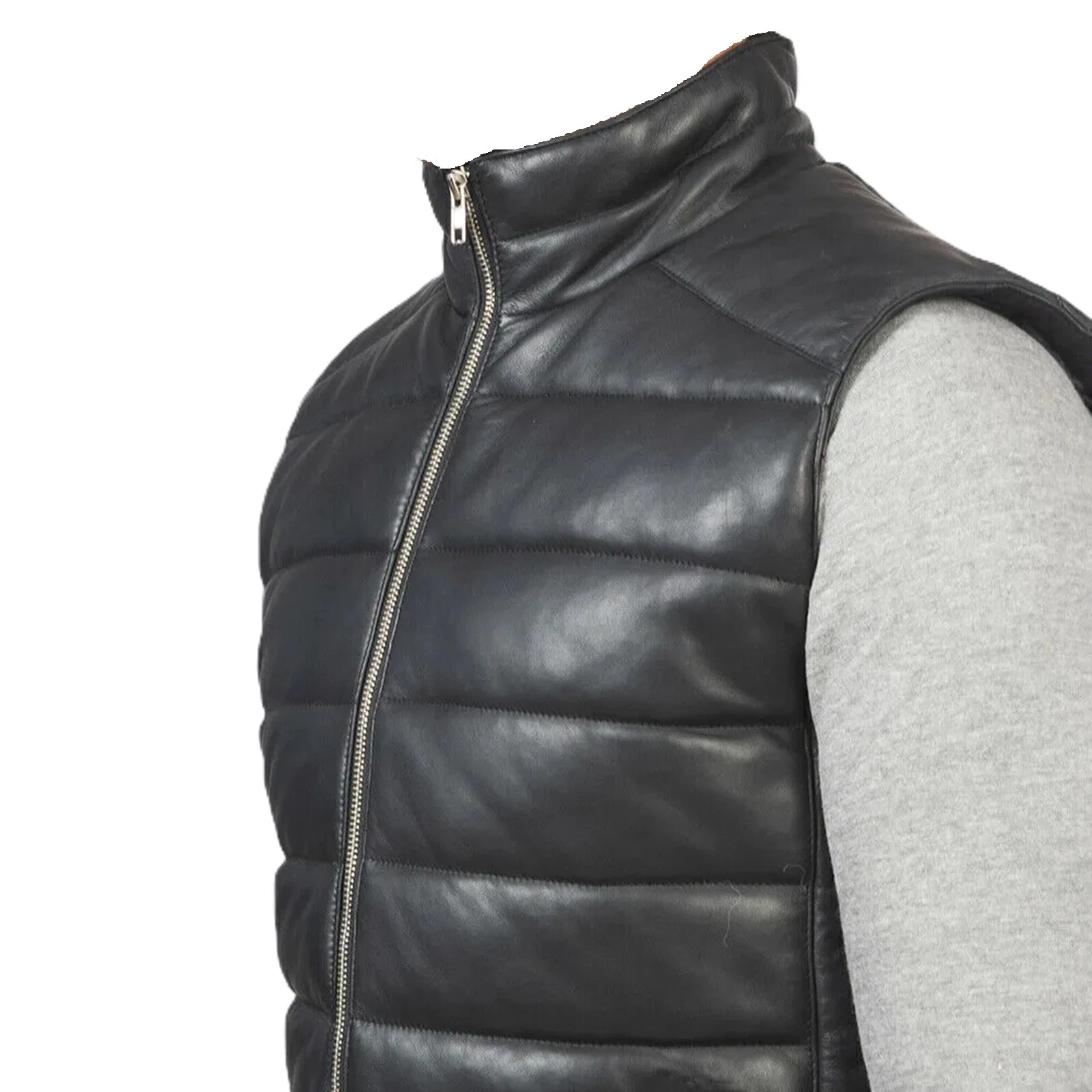 Men's Black Leather Bubble Vest Moto Biker Puffer Front Zipper Closure Jacket
