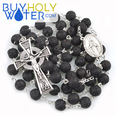 Blessed Volcanic Lava Stone Rosary Beads Religious Necklace Crucifix Jesus Holy+